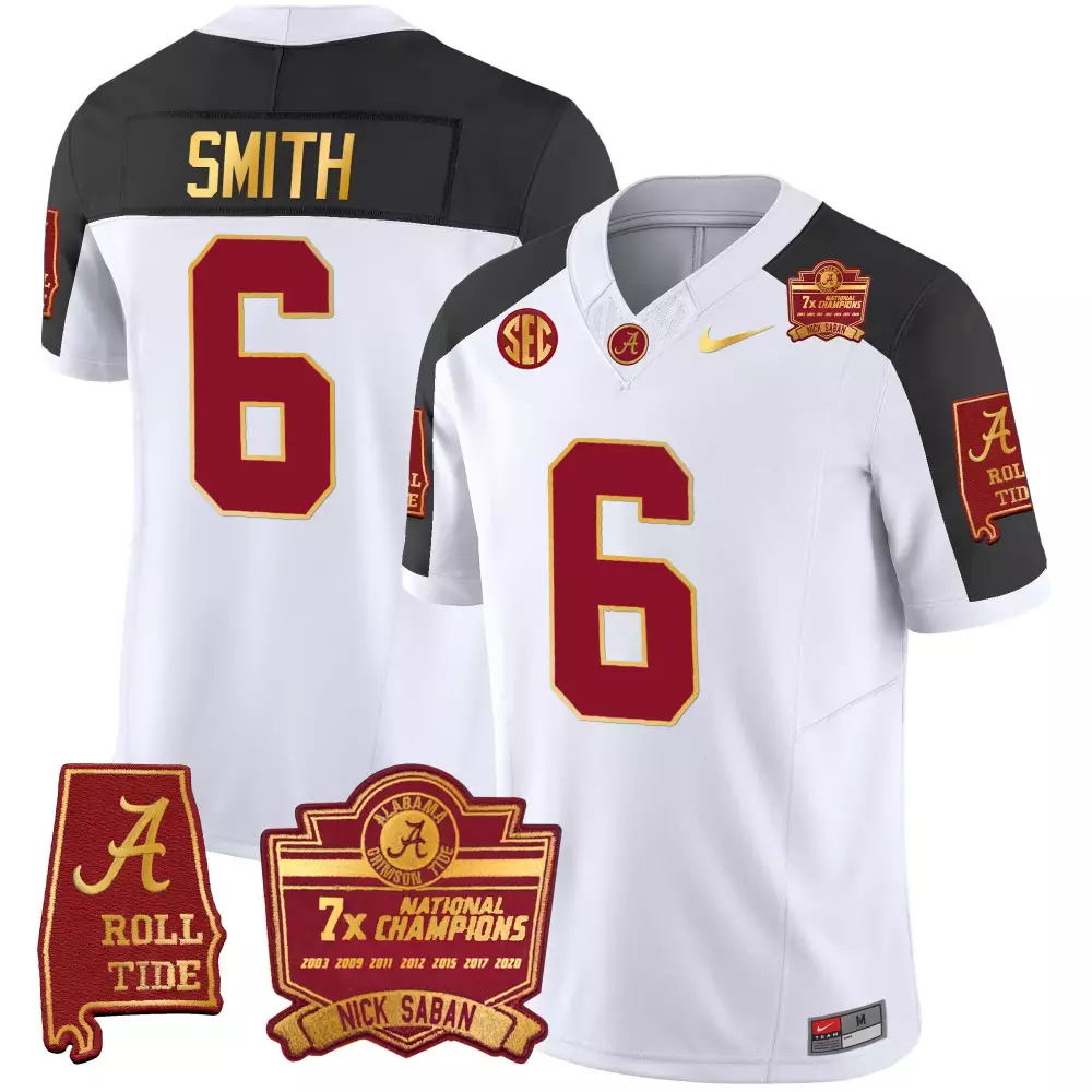 devonta smith inverted mens alabama crimson tide nick saban 7x champions patch gold trim jersey all stitched