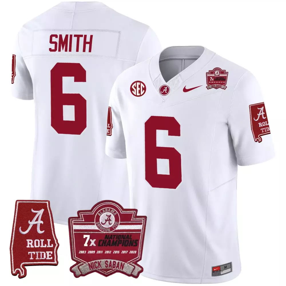 devonta smith white mens alabama crimson tide nick saban 7x champions patch vapor jersey all stitched