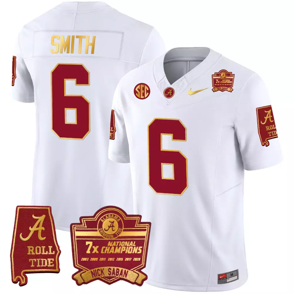 devonta smith white youths alabama crimson tide nick saban 7x champions patch gold trim jersey all stitched