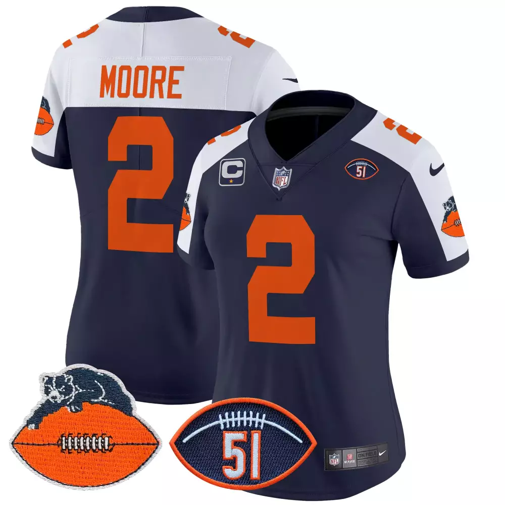 DJ Moore Chicago Bears Navy Alternate Women's Dick Butkus Patch Throwback Vapor Limited Jersey | Stitched Fan Gear for Women & Youth