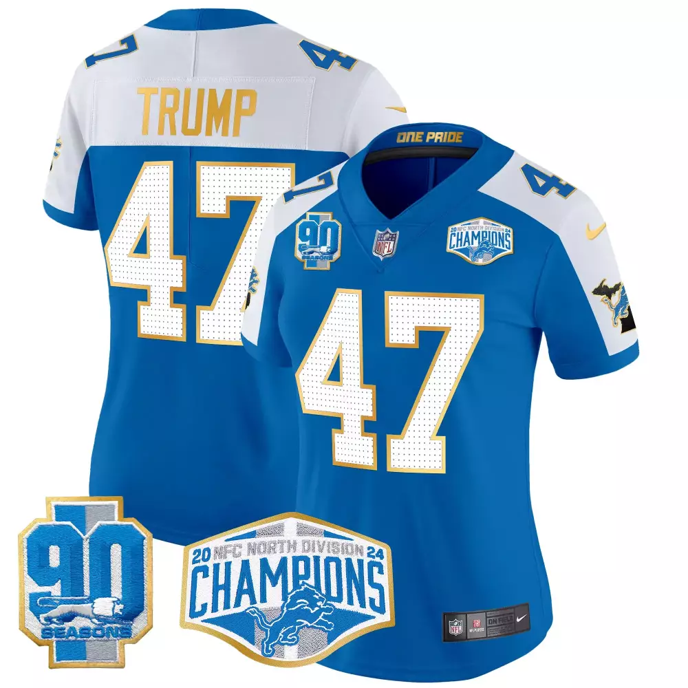 Donald Trump Detroit Lions 2024 Women's Blue Alternate Jersey | NFC North Champions Patch | Vapor Limited Fan Gear | For Women, Men & Youth