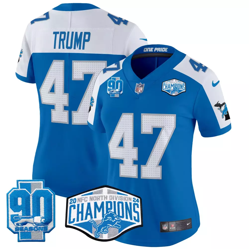 Donald Trump Detroit Lions 2024 Women's Blue Alternate Jersey | NFC North Champions Patch | Vapor Limited Fan Gear | For Women, Men & Youth
