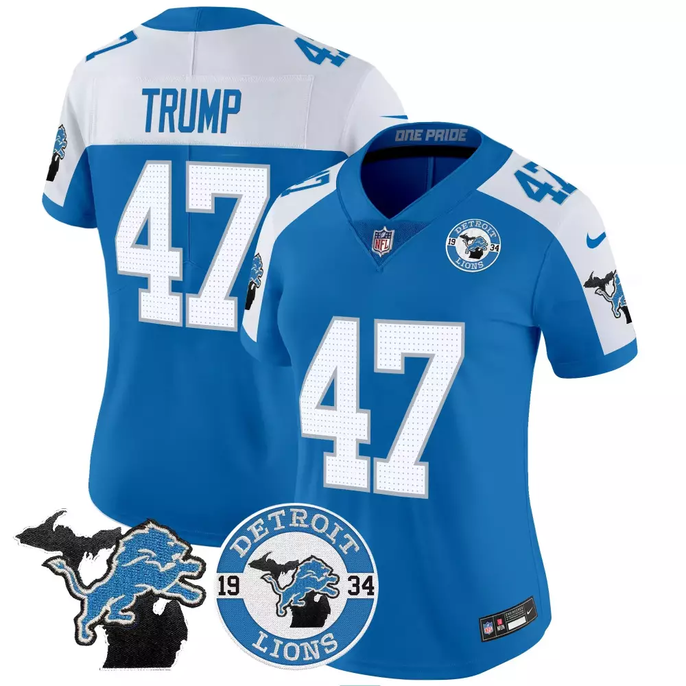 Donald Trump Detroit Lions 2024 Women's Blue Alternate Jersey | NFC North Champions Patch | Vapor Limited Fan Gear | For Women, Men & Youth