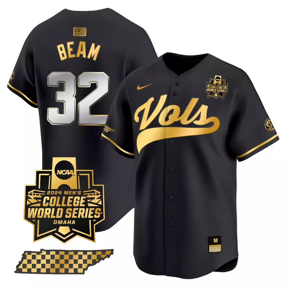 Drew Beam Tennessee Volunteers 2024 College World Series Vapor Premier Limited Jersey V2 | Black Gold Stitched Style | For Men, Women & Youth
