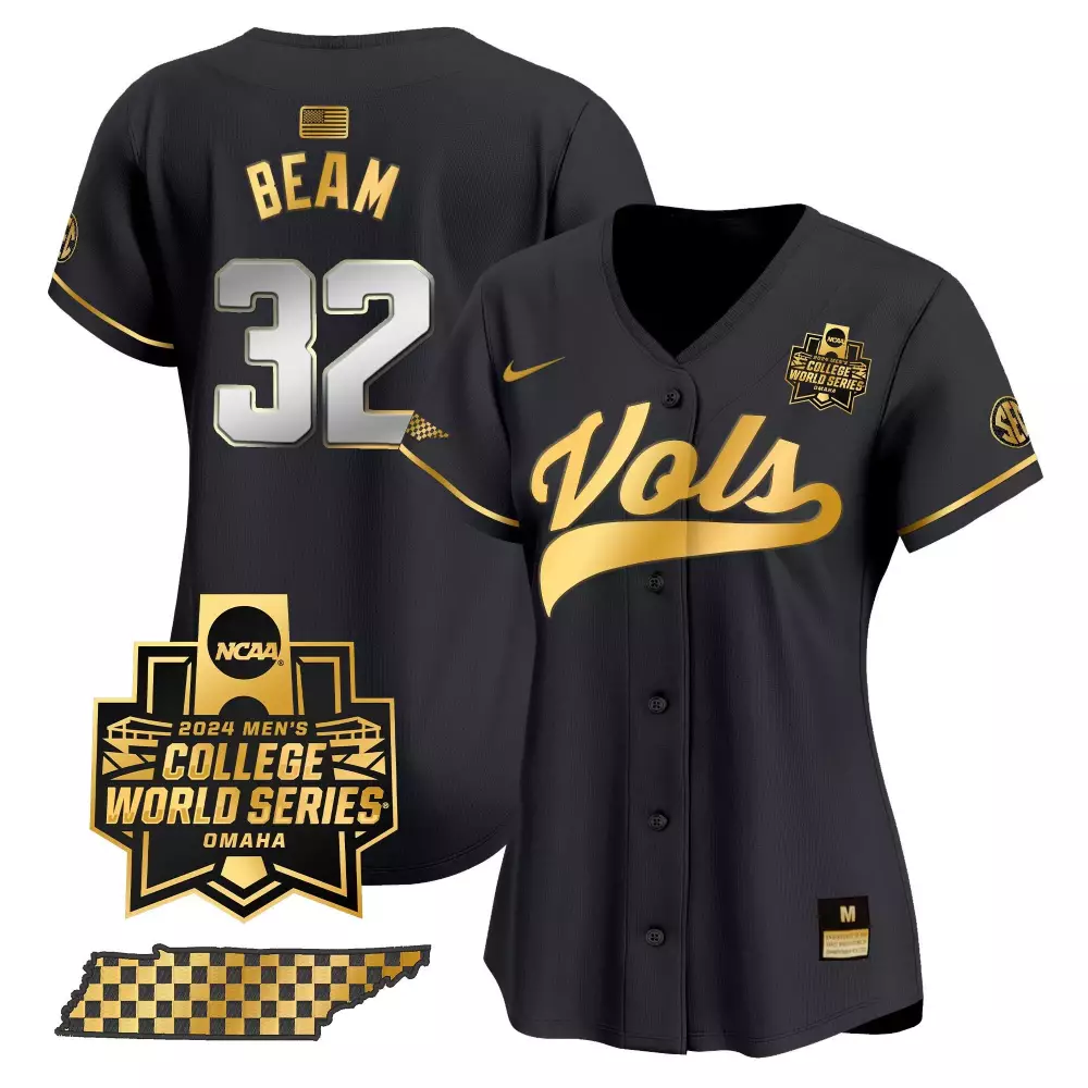 Drew Beam Tennessee Volunteers 2024 College World Series Jersey V2 | Black Gold Vapor Premier Limited Edition for Women | Fan Gear