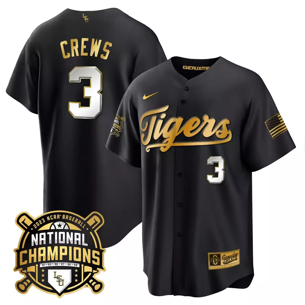 dylan crews black limited youths lsu tigers 2023 national champions gold cool jersey v2 all stitched
