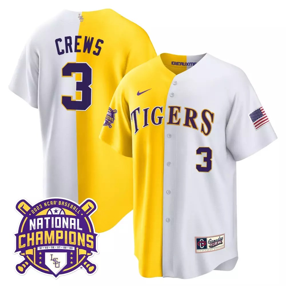 dylan crews gold white mens lsu tigers 2023 national champions split jersey all stitched