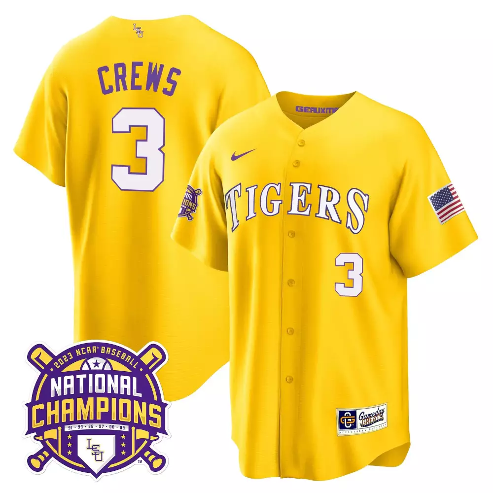 dylan crews gold youths lsu tigers 2023 national champions gold cool jersey v2 all stitched