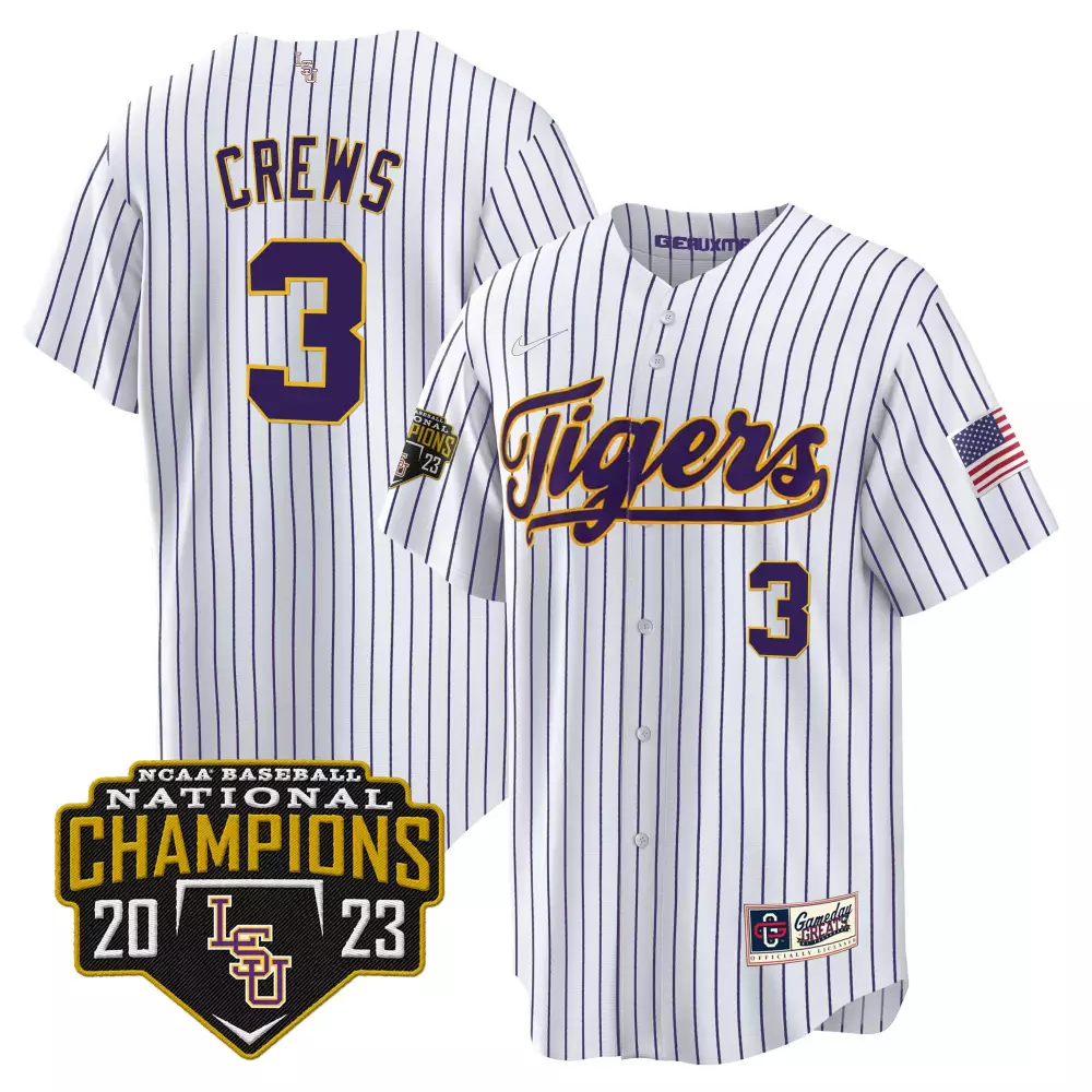 dylan crews pinstripe mens lsu tigers 2023 national champions gold cool jersey v5 all stitched