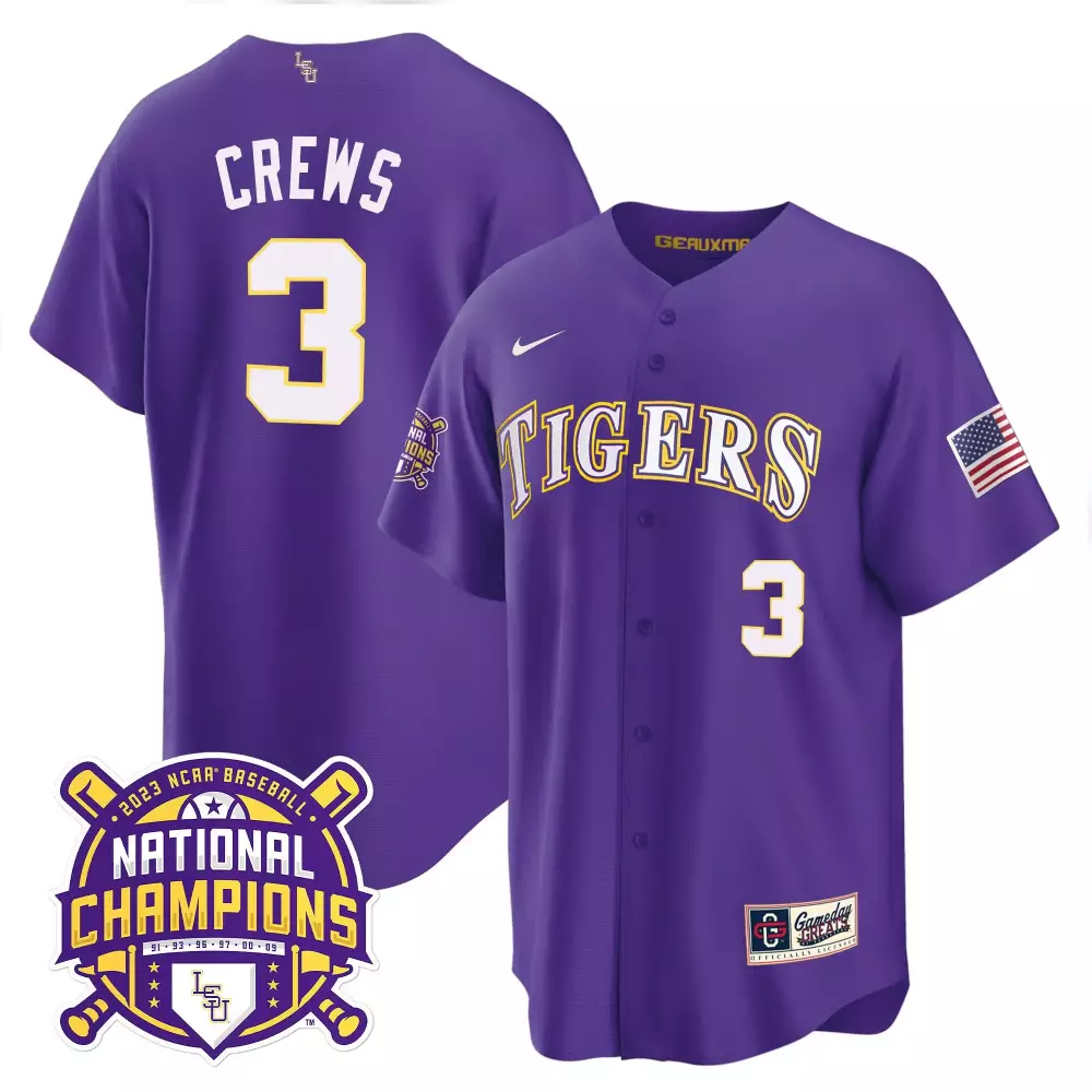 dylan crews purple mens lsu tigers 2023 national champions gold cool jersey v2 all stitched