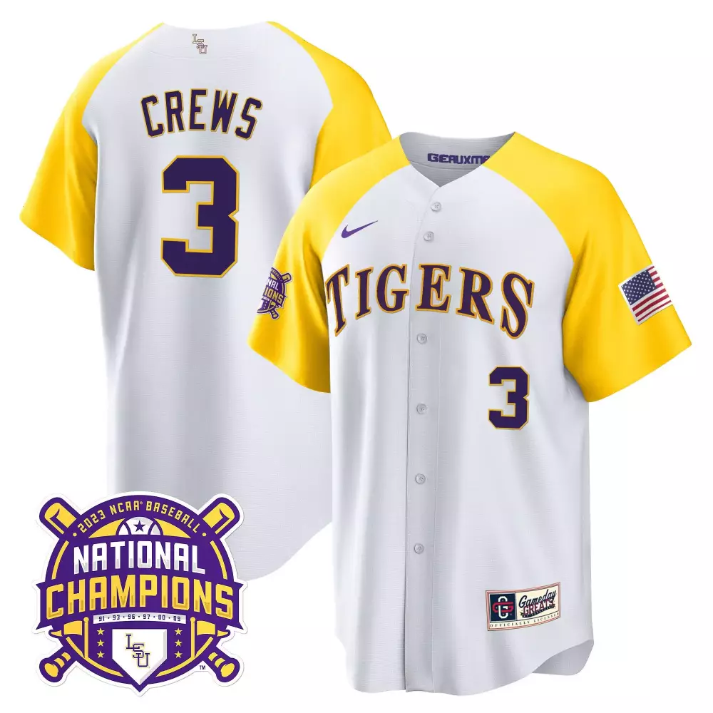 dylan crews white alternate mens lsu tigers 2023 champions alternate color sleeves jersey all stitched