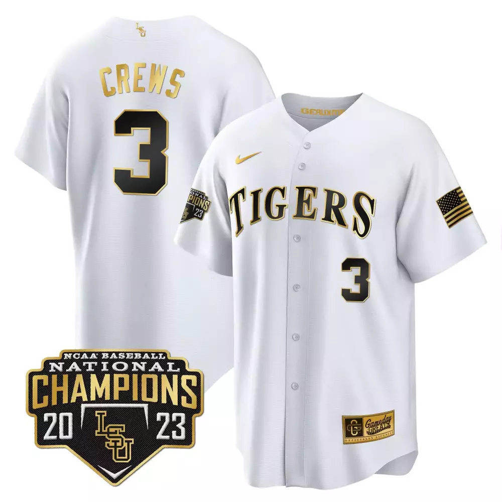dylan crews white gold mens lsu tigers 2023 national champions gold cool jersey v5 all stitched