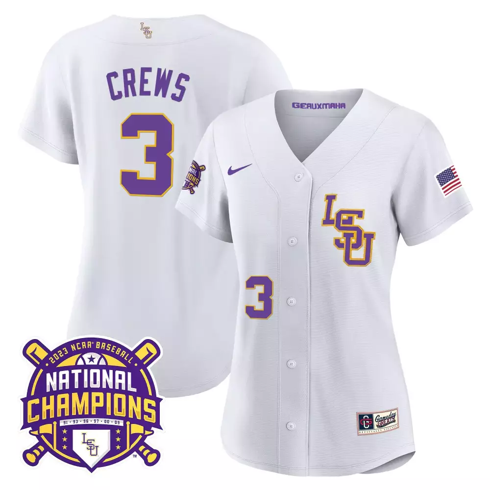 dylan crews white lsu womens lsu tigers 2023 national champions gold jersey v2 all stitched