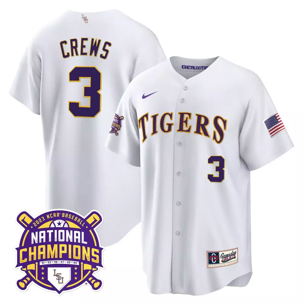 dylan crews white mens lsu tigers 2023 national champions gold cool jersey v2 all stitched