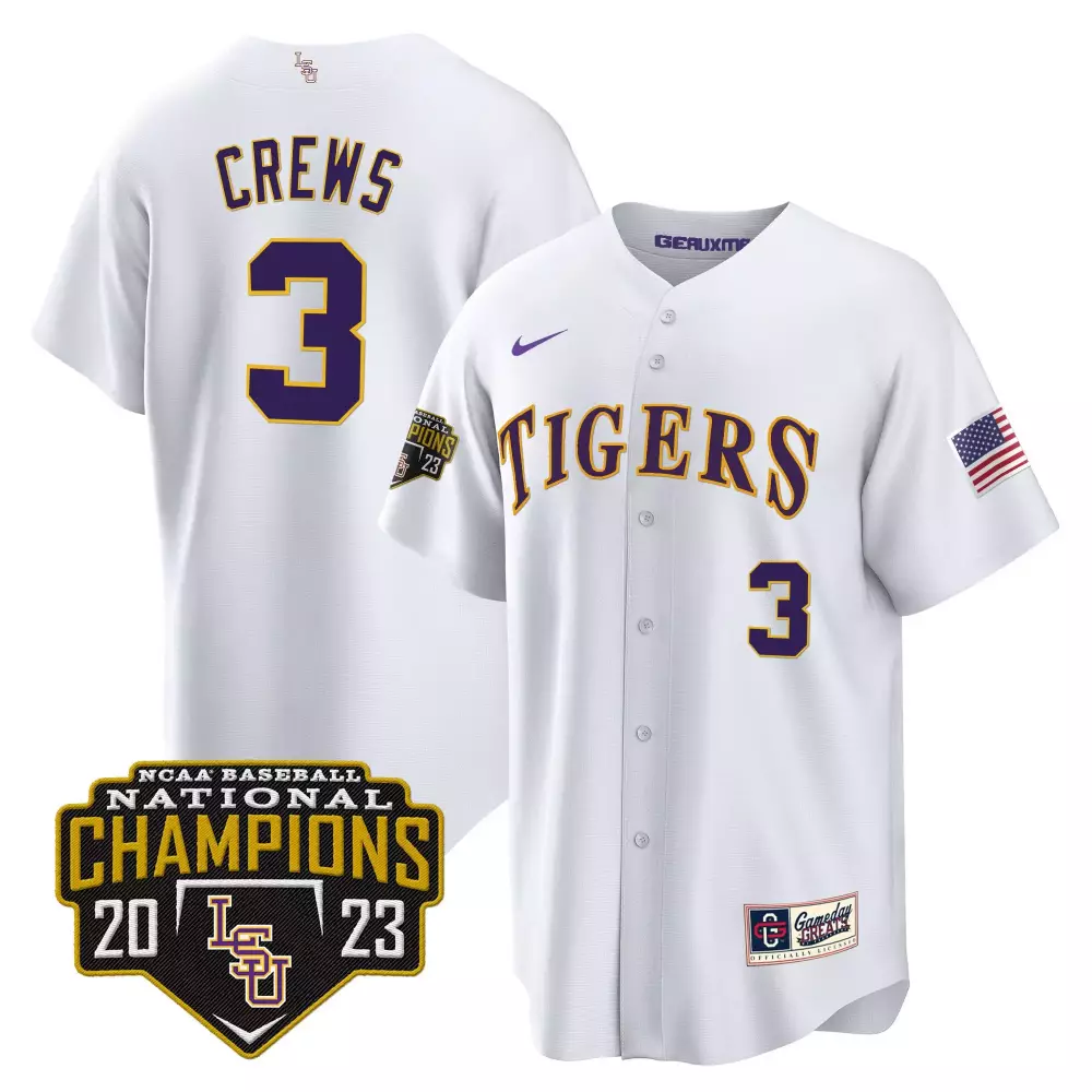dylan crews white mens lsu tigers 2023 national champions gold cool jersey v2 all stitched