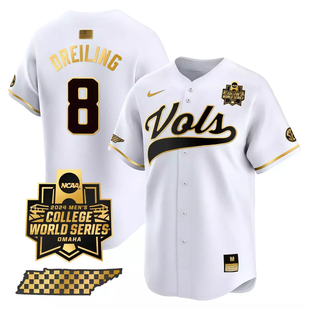 dylan dreiling white gold mens tennessee volunteers 2024 college world series vapor premier limited jersey all stitched