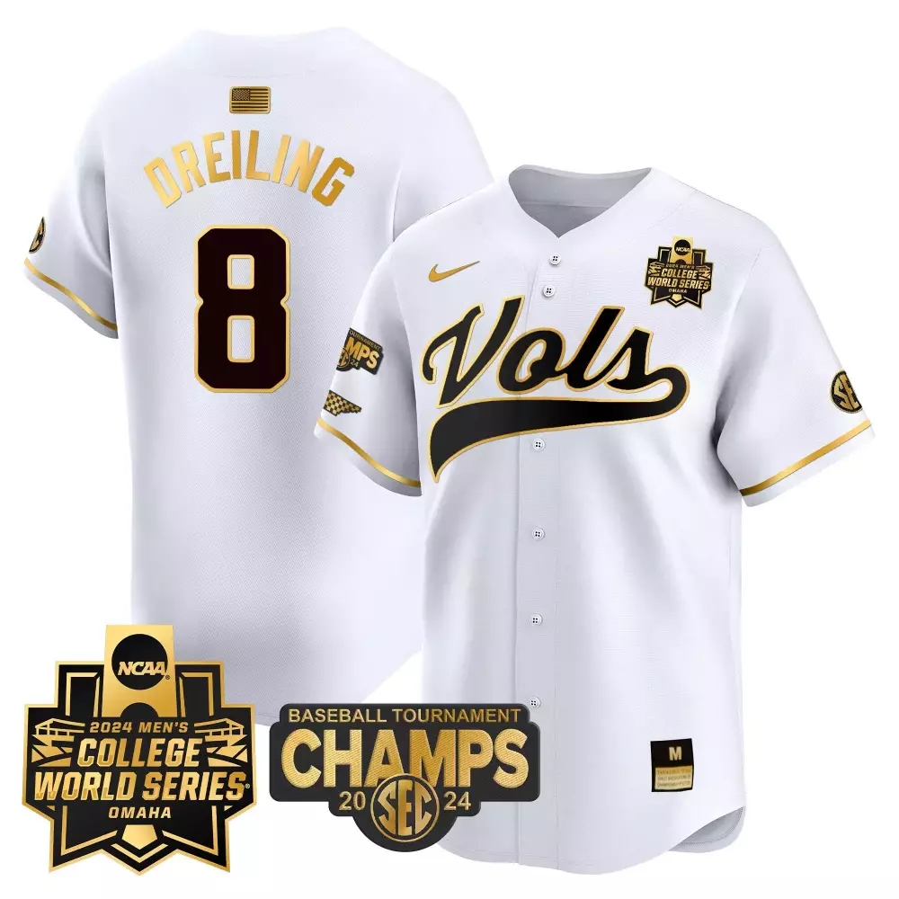 dylan dreiling white gold mens tennessee volunteers 2024 college world series vapor premier limited jersey all stitched