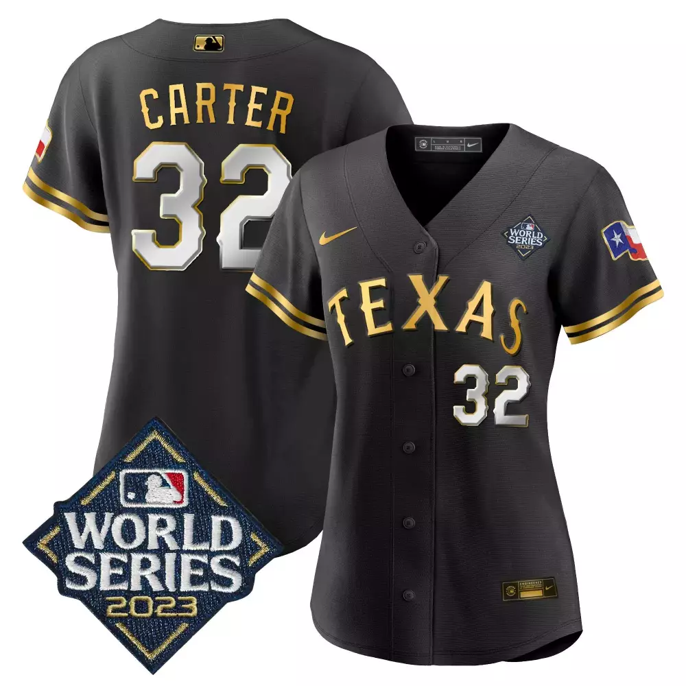 evan carter black gold womens texas rangers 2023 world series baseball jersey v2 all stitched