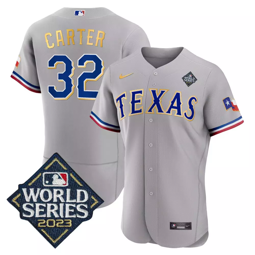 evan carter gray mens texas rangers 2023 world series flex base gold trim jersey v2 all stitched