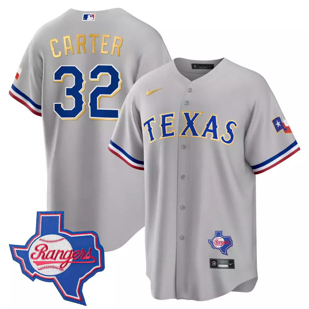 evan carter gray mens texas rangers 2023 world series flex base gold trim jersey v2 all stitched