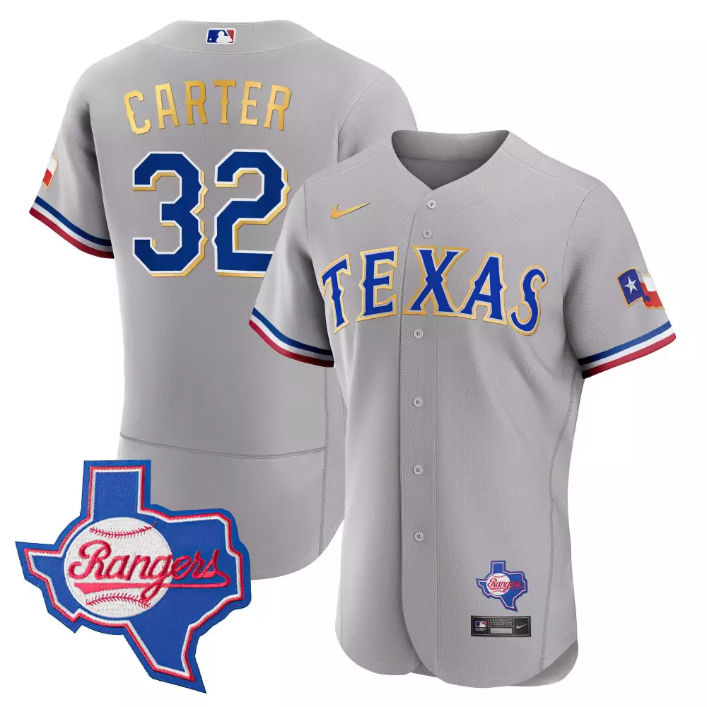 evan carter gray mens texas rangers 2023 world series flex base gold trim jersey v2 all stitched