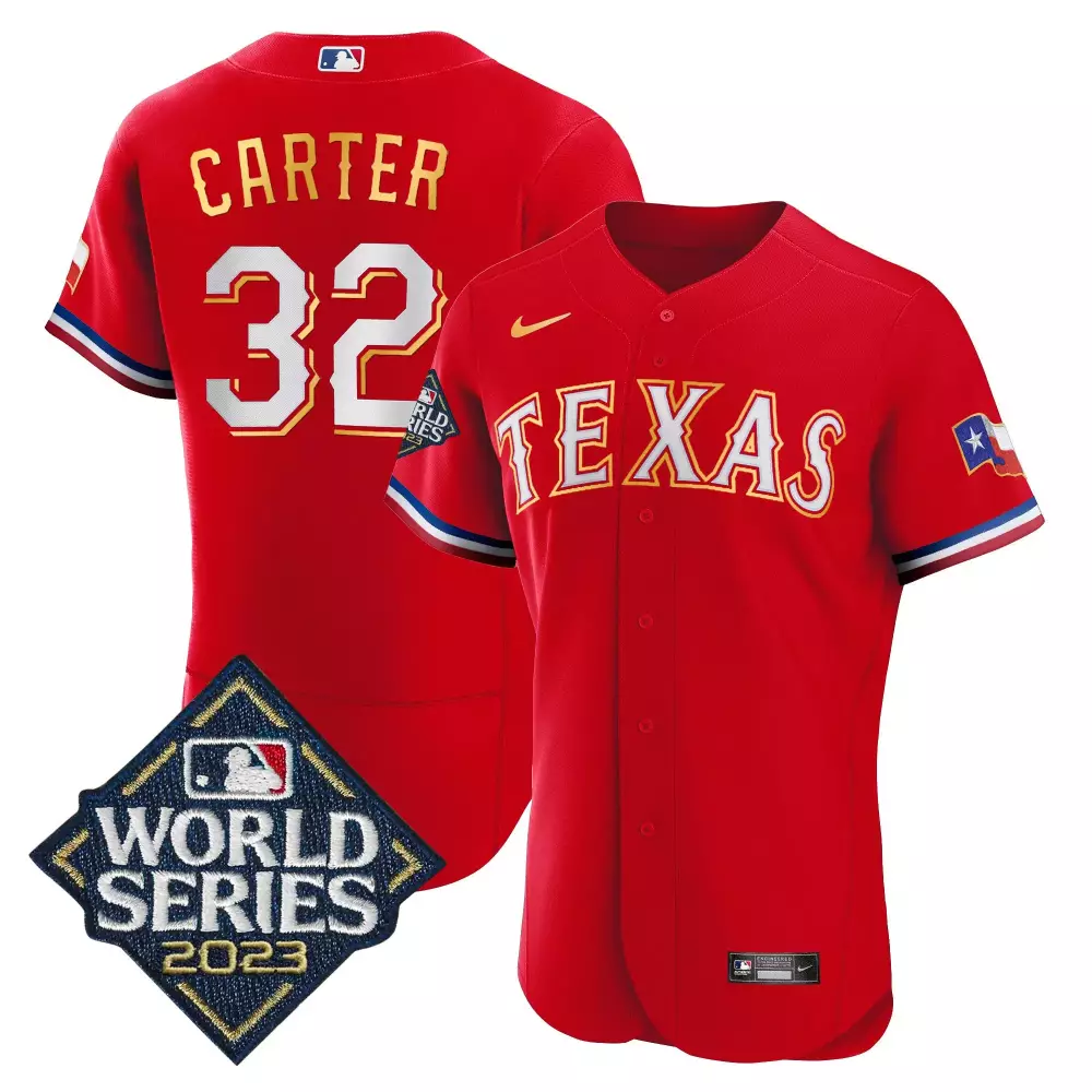 evan carter red mens texas rangers 2023 world series flex base gold trim jersey all stitched