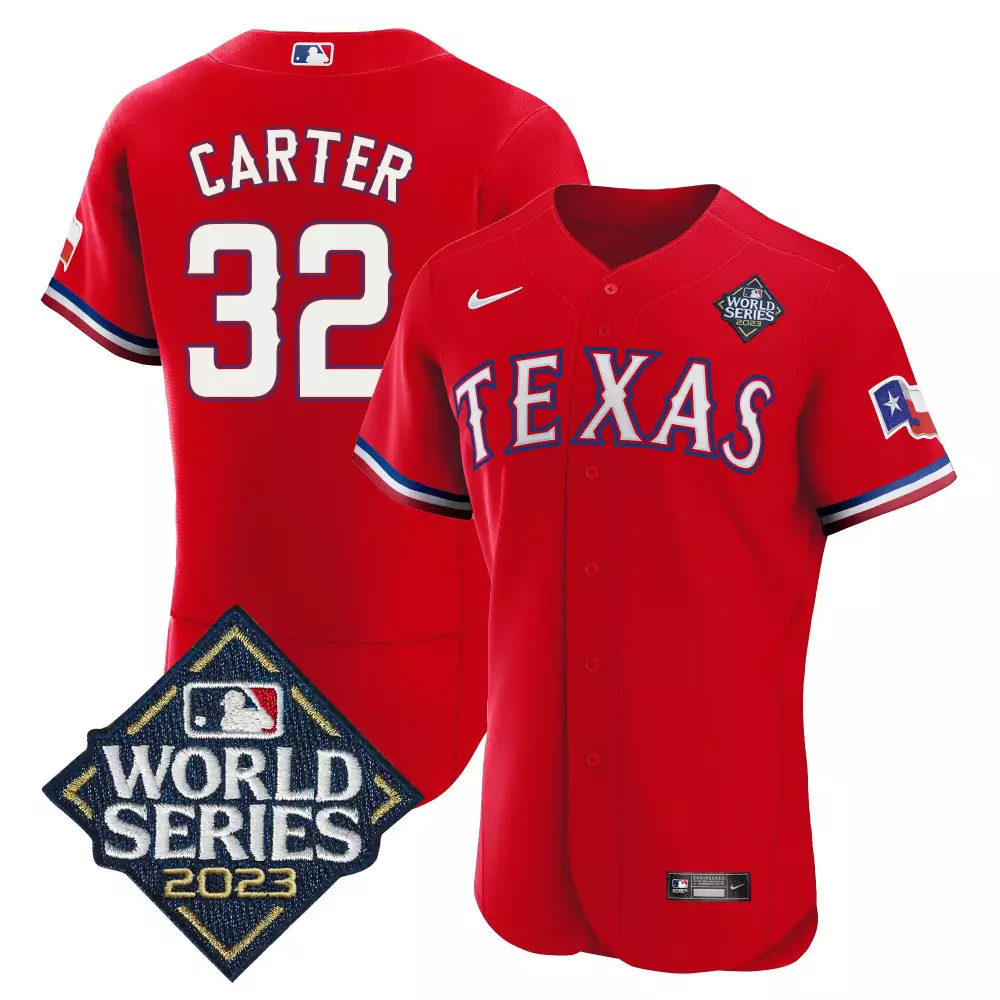 evan carter red mens texas rangers 2023 world series flex base gold trim jersey all stitched