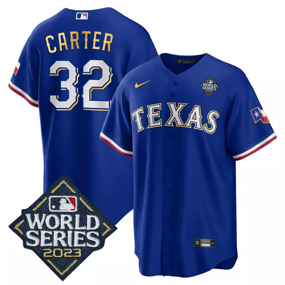 evan carter royal mens texas rangers 2023 world series cool base gold trim jersey v2 all stitched
