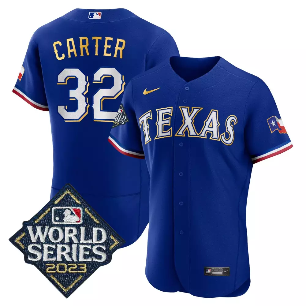 evan carter royal mens texas rangers 2023 world series cool base gold trim jersey v2 all stitched