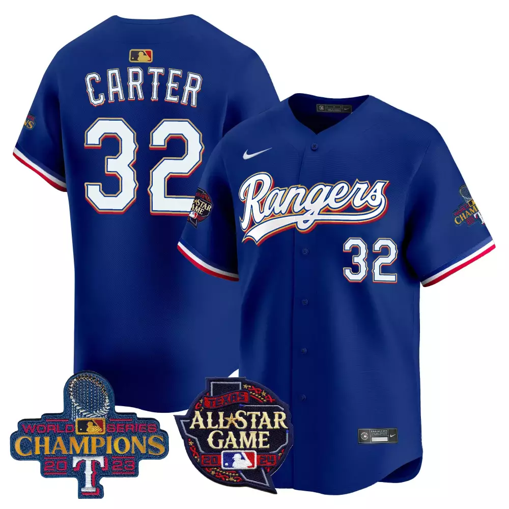 evan carter royal mens texas rangers 2023 world series cool base gold trim jersey v2 all stitched