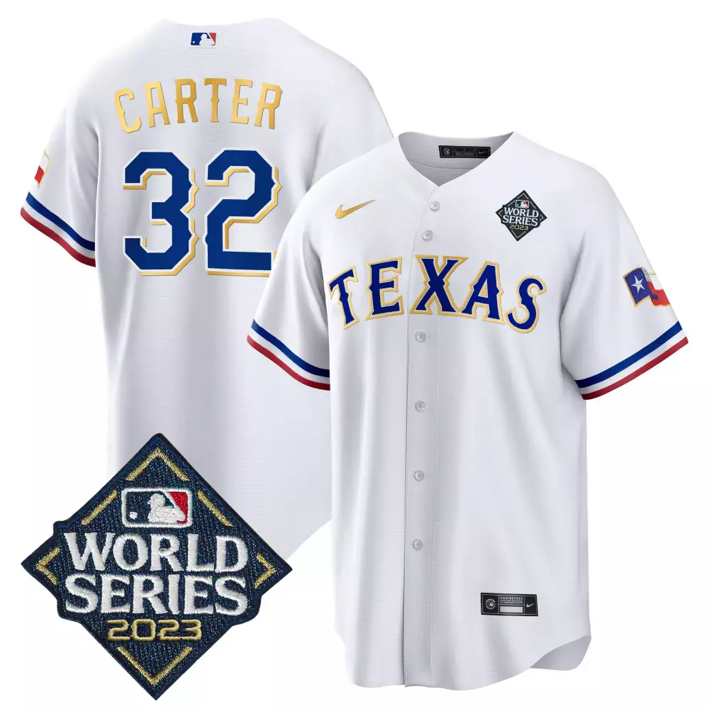 evan carter white mens texas rangers 2023 world series cool base gold trim jersey v2 all stitched