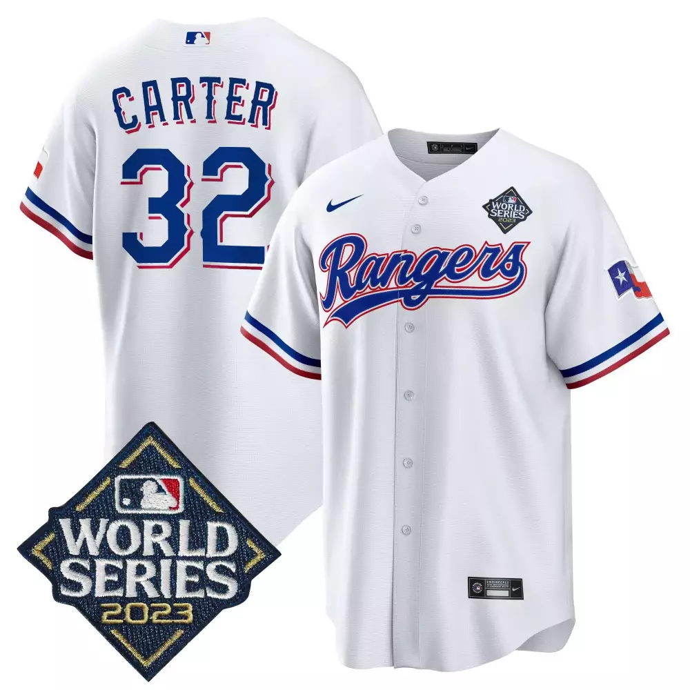 evan carter white mens texas rangers 2023 world series cool base gold trim jersey v2 all stitched