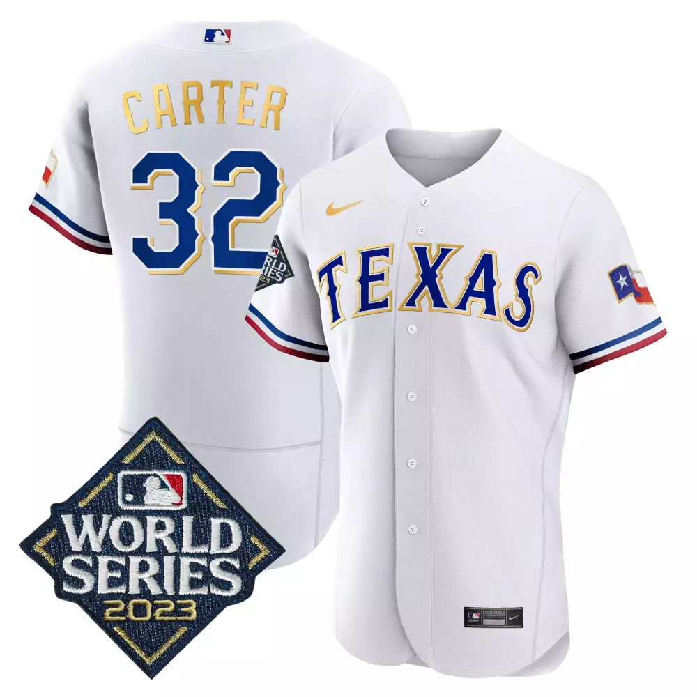 evan carter white mens texas rangers 2023 world series cool base gold trim jersey v2 all stitched