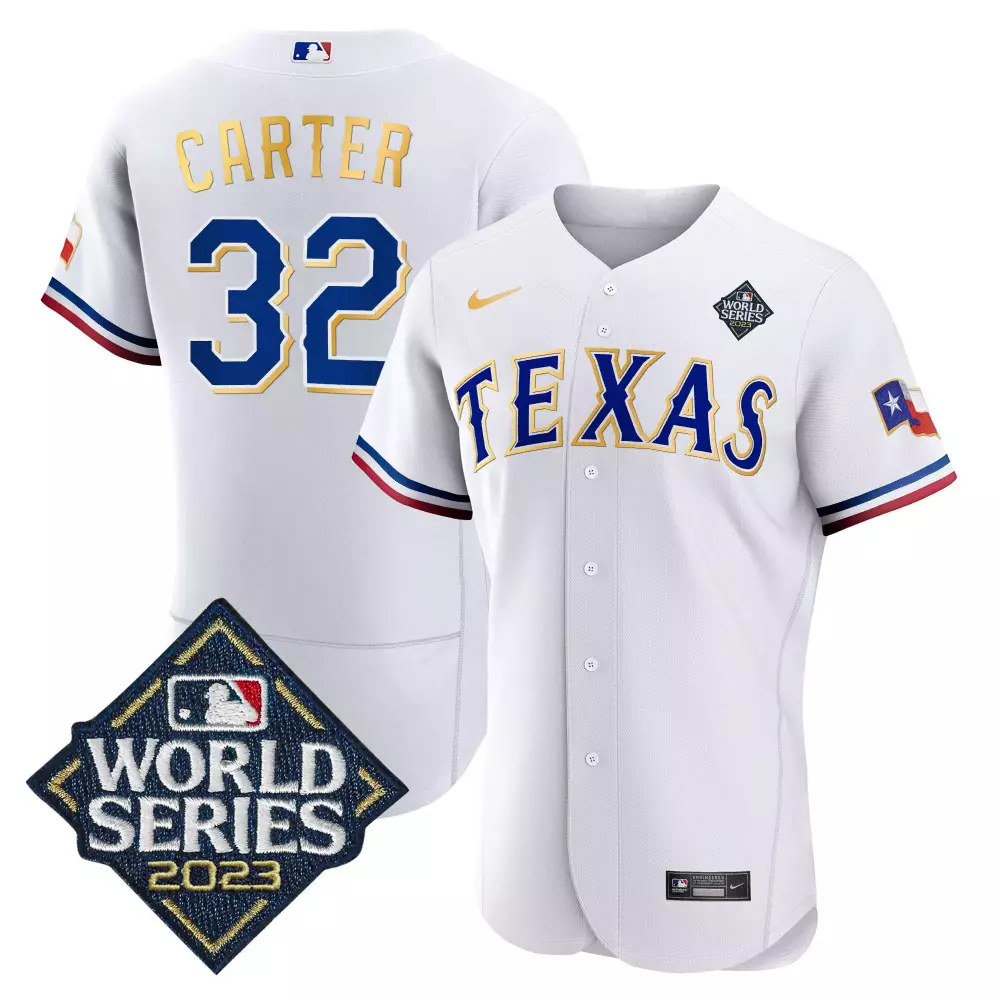 evan carter white mens texas rangers 2023 world series cool base gold trim jersey v2 all stitched