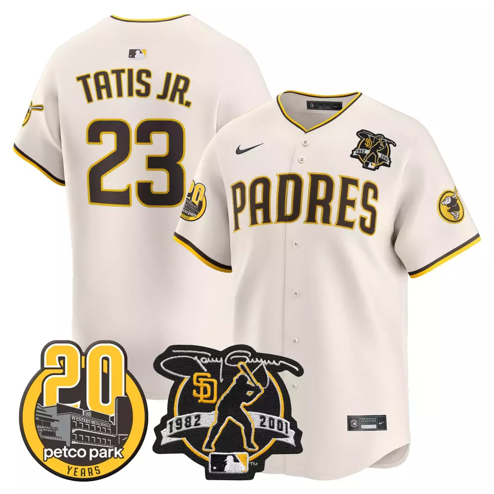 Fernando Tatis Jr. Cream Men's Padres Jersey | Tony Gwynn Petco Park 20th Patch | Limited Edition Vapor Premier | For Men, Women & Youth