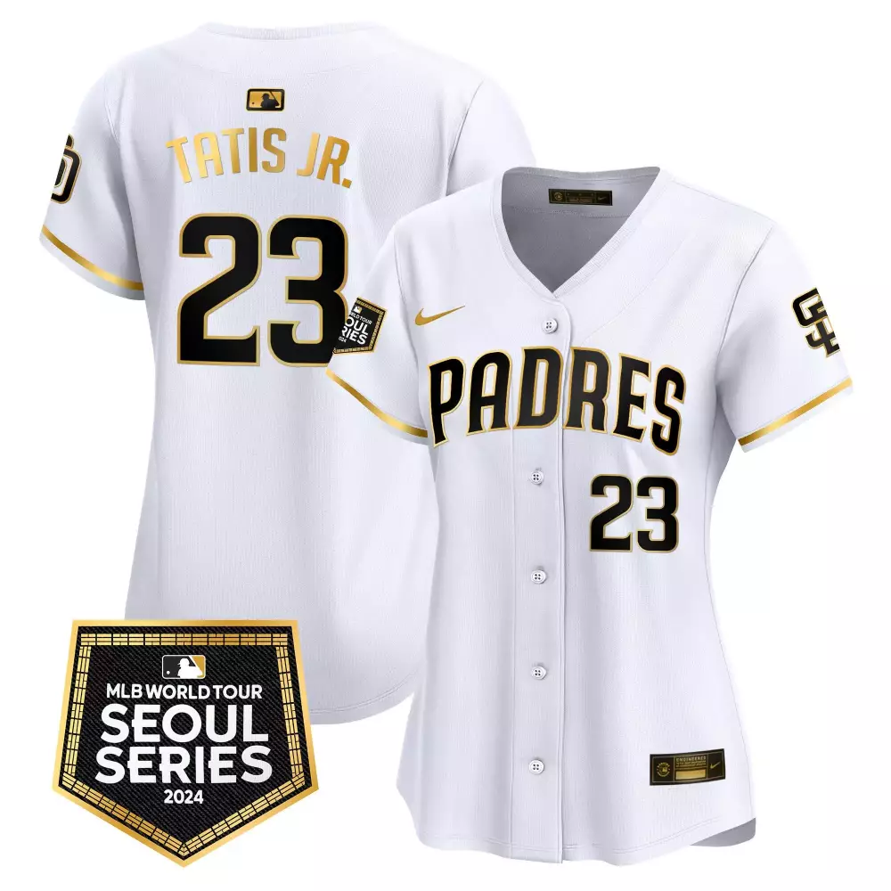 Fernando Tatis Jr. 2024 White Gold Women's Padres Jersey | Limited Edition Seoul Series Patch | Fan Gear for Men, Women & Youth