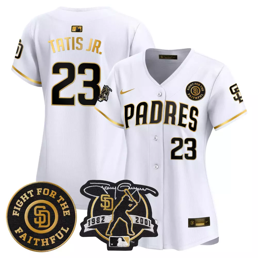 Fernando Tatis Jr. 2024 White Gold Women's Padres Jersey | Limited Edition Seoul Series Patch | Fan Gear for Men, Women & Youth