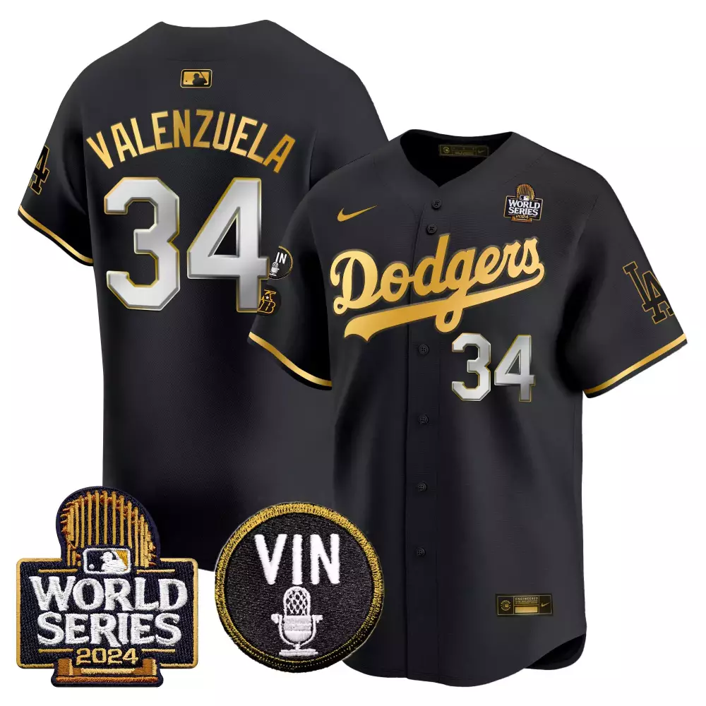 Fernando Valenzuela Men's Black Gold Jersey | Los Angeles Dodgers 2024 World Series Gold Trim | Stitched Fan Gear for Men, Women & Youth