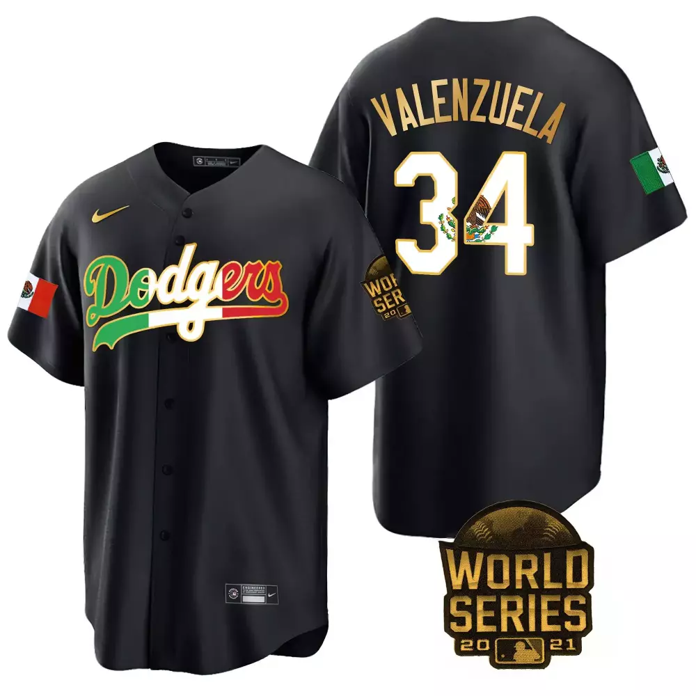 fernando valenzuela black gold trim mens los angeles dodgers mexico world series patch jersey all stitched