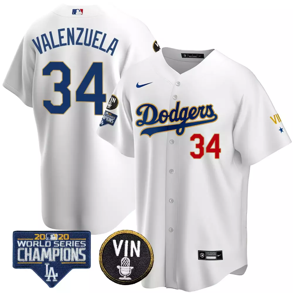 fernando valenzuela cool white mens los angeles dodgers world series vin sculy patch gold jersey all stitched