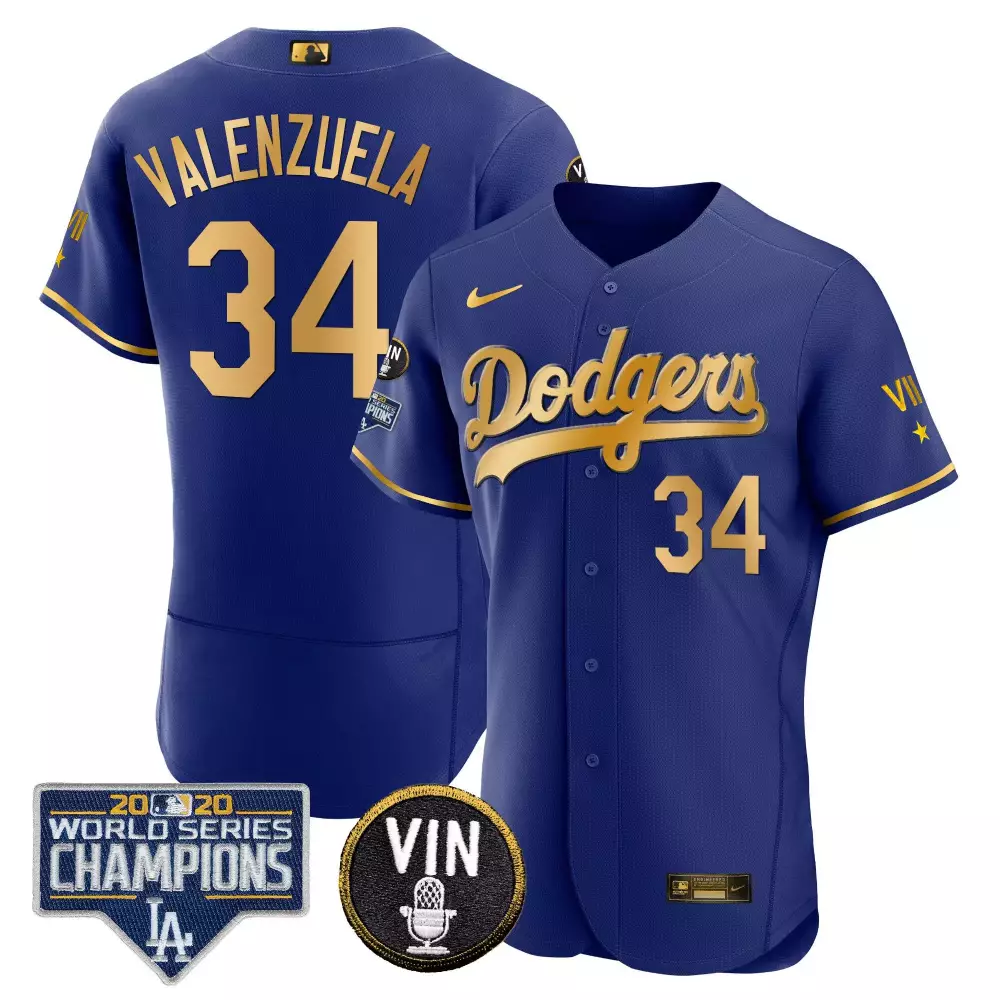 fernando valenzuela flex gold royal mens los angeles dodgers world series patch gold limited jersey all stitched
