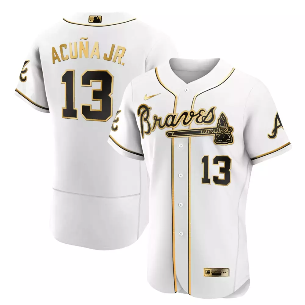 Ronald Acuña Jr. Atlanta Braves Flex Base Black Gold Jersey | Stitched White & Gold | Replica Fan Gear | For Men, Women & Yout