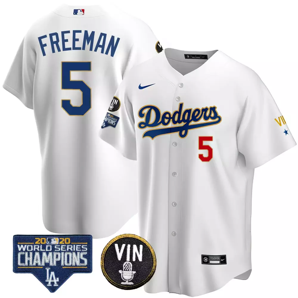 freddie freeman cool white mens los angeles dodgers world series vin sculy patch gold jersey all stitched