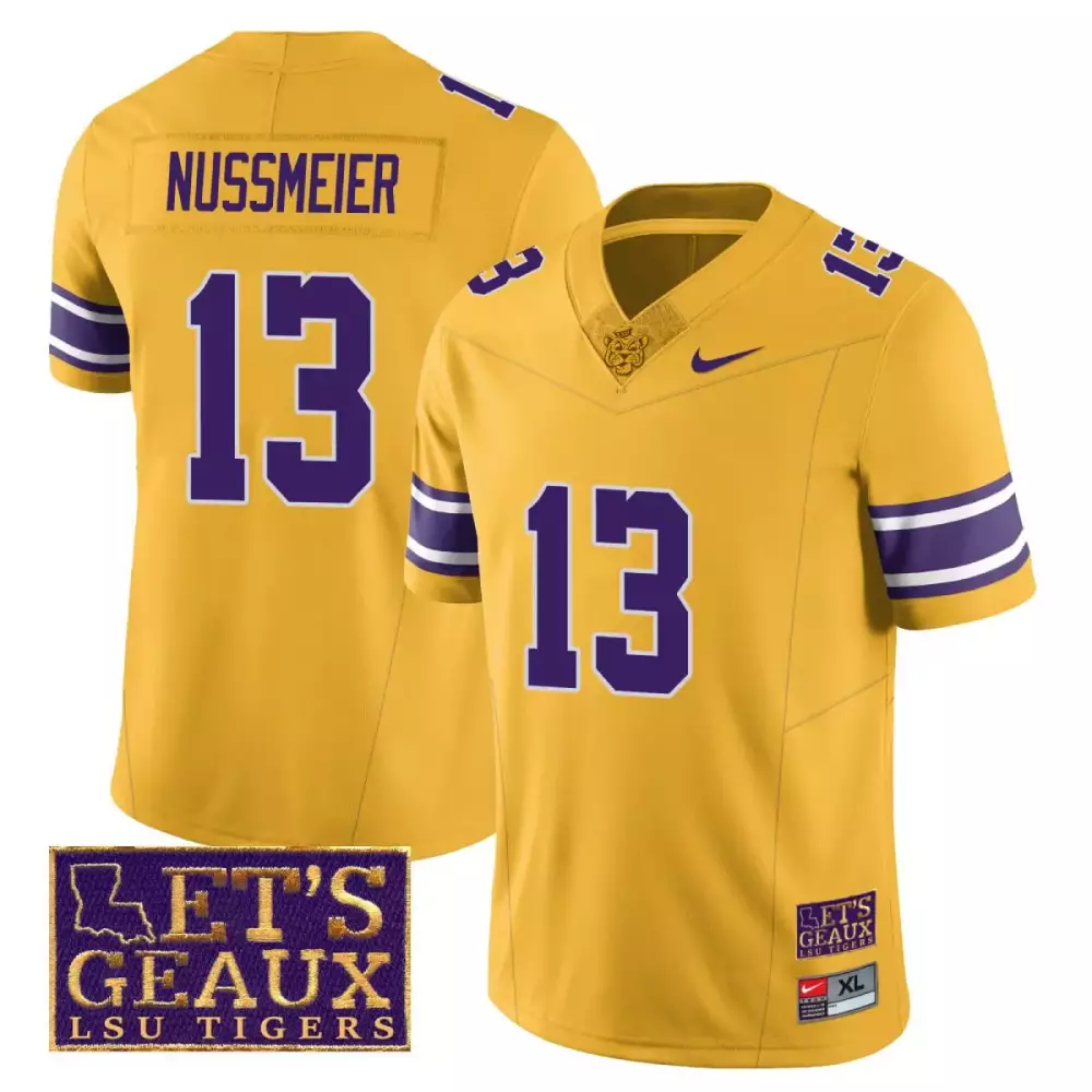 garrett nussmeier yellow mens lsu tigers 2023 football lets geaux patch jersey all stitched