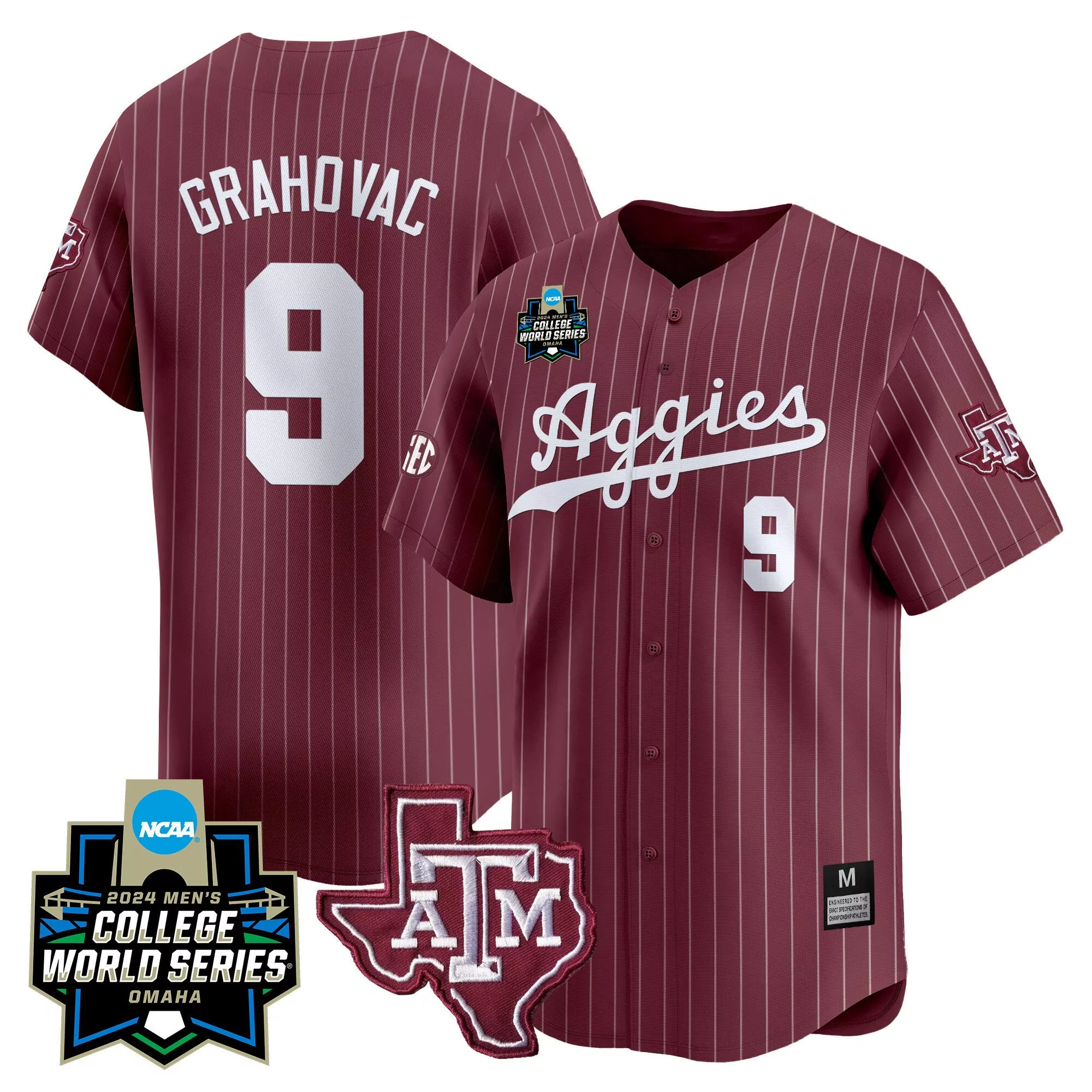 gavin grahovac maroon pinstripe mens texas am aggies 2024 college world series vapor premier limited jersey all stitched