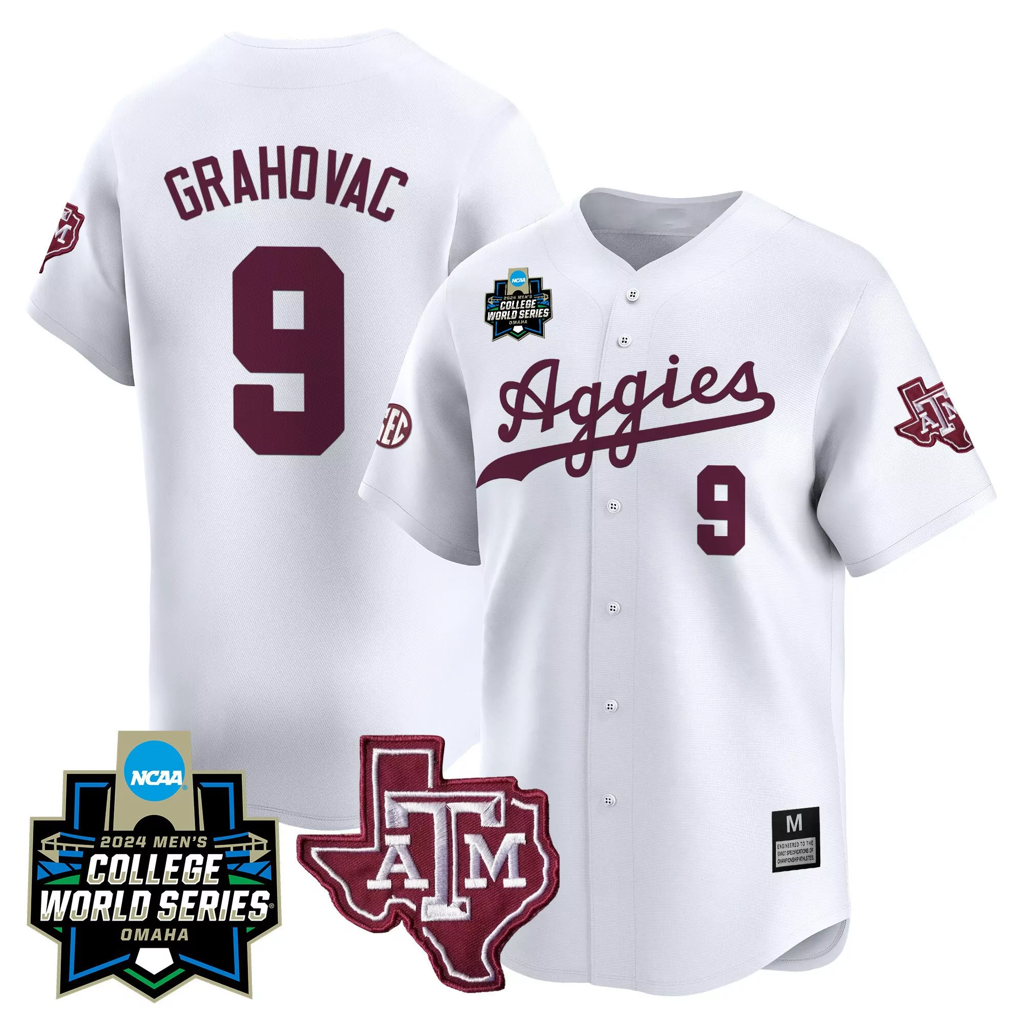 gavin grahovac white mens texas am aggies 2024 college world series vapor premier limited jersey all stitched