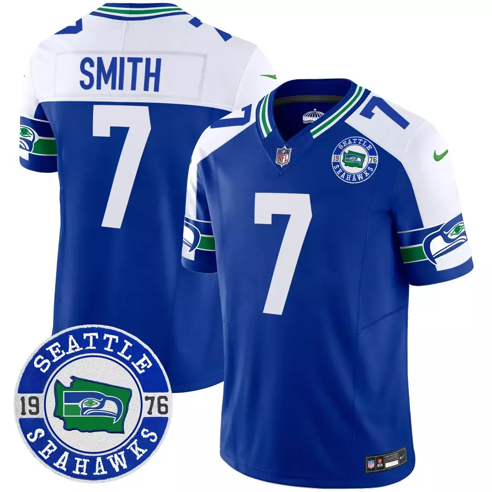 Geno Smith Seattle Seahawks Royal Alternate Throwback EST 1976 Patch Vapor Jersey | Stitched Limited Edition for Men, Women & Youth