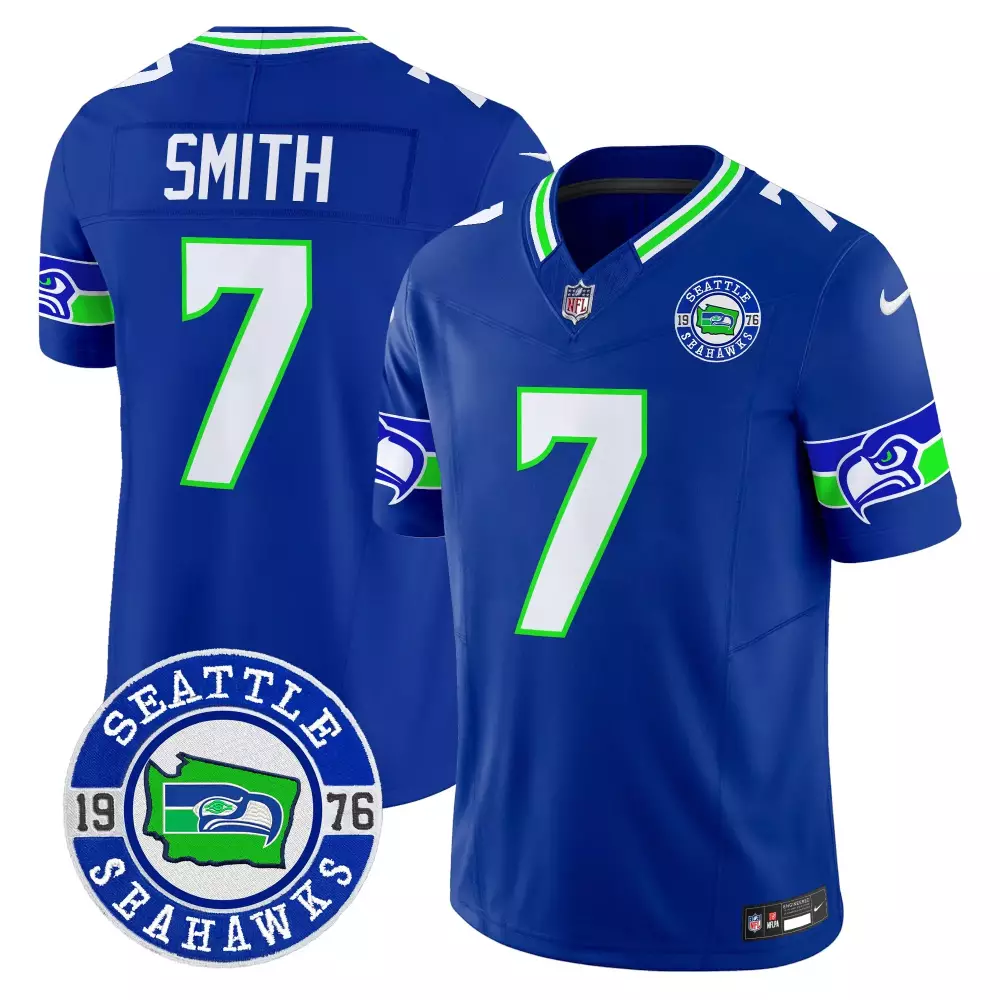 Geno Smith Seattle Seahawks Royal Men's 2024 EST 1976 Patch Vapor Jersey | Stitched Limited Edition for Men, Women & Youth