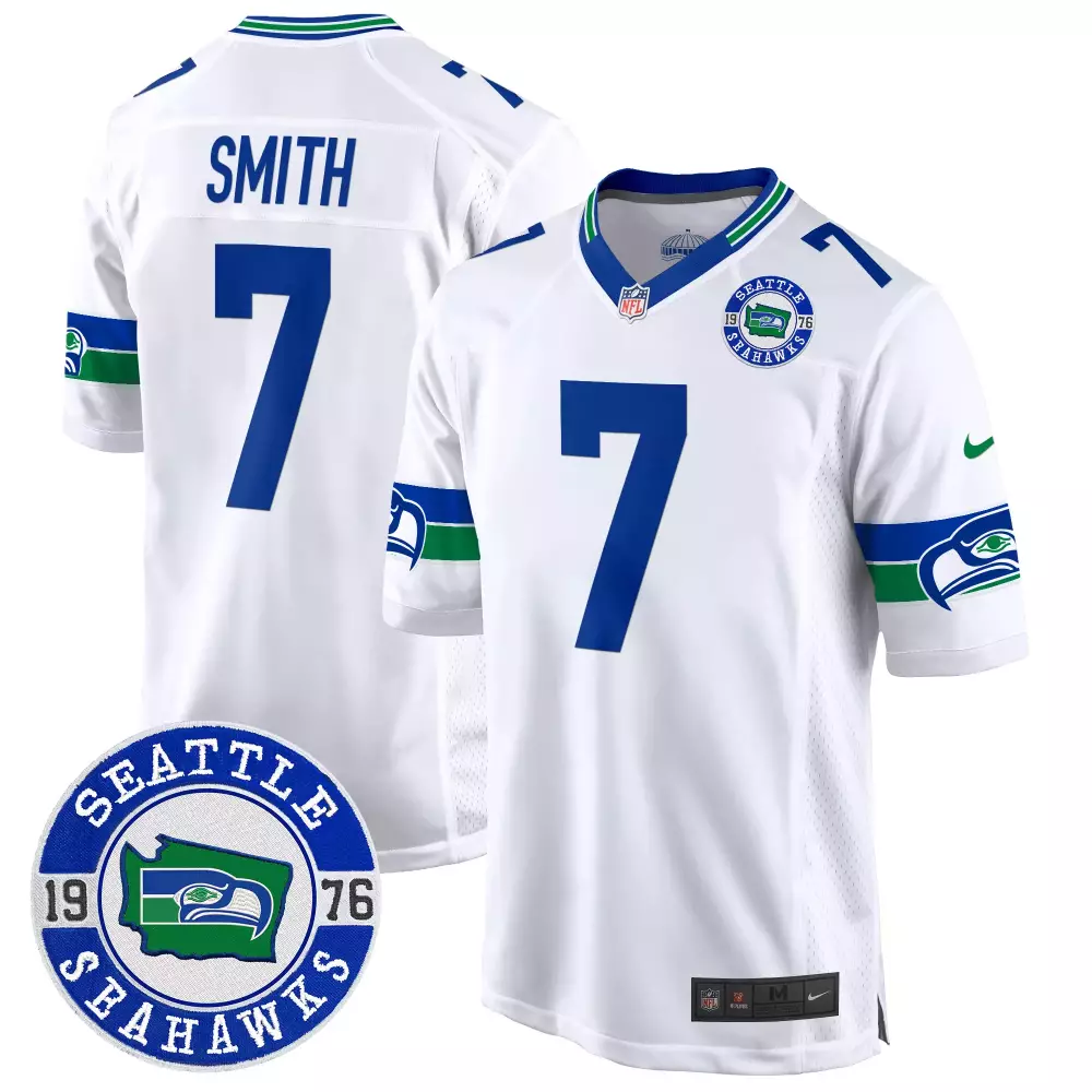 Geno Smith Seattle Seahawks Throwback EST 1976 Patch Game Jersey | White | For Men, Women & Youth