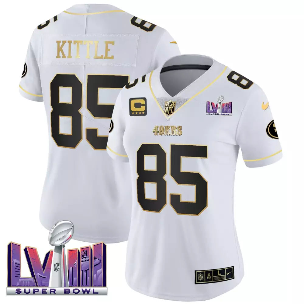 george kittle white gold womens san francisco 49ers super bowl lviii patch vapor jersey v2 all stitched